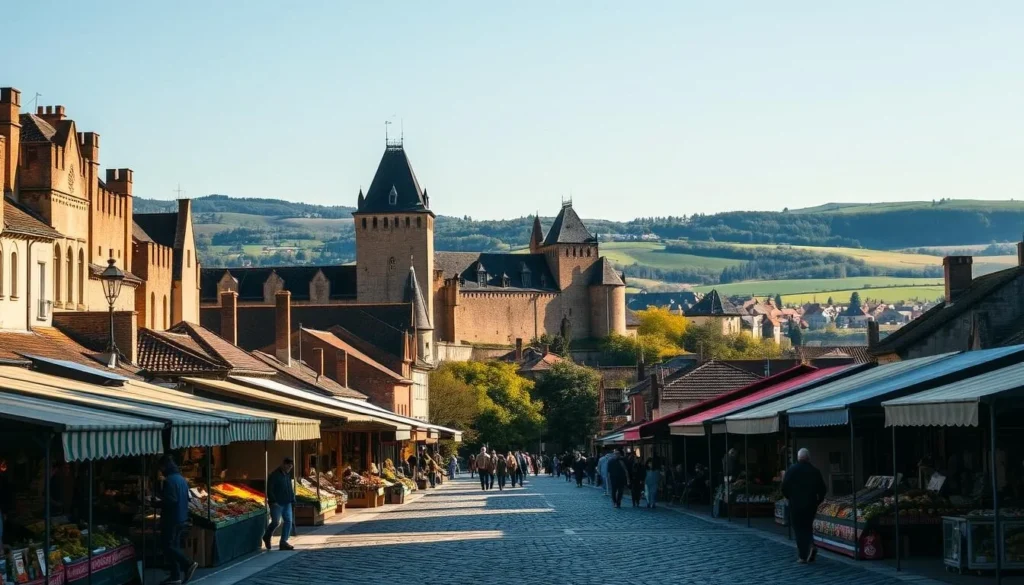 A medieval city of Carcassonne, France, stands tall and proud, its towering ramparts and turrets casting long shadows across the sun-dappled cobblestones. In the foreground, colorful market stalls beckon visitors, their vendors offering a bounty of local produce and handcrafted wares. The middle ground reveals the impressive Château Comtal, its sturdy walls and ornate architecture a testament to the city's storied past. In the background, the lush, rolling hills of the Languedoc region provide a picturesque backdrop, hinting at the natural beauty that surrounds this medieval gem. The scene is bathed in a warm, golden light, creating a sense of timeless elegance and charming tranquility.