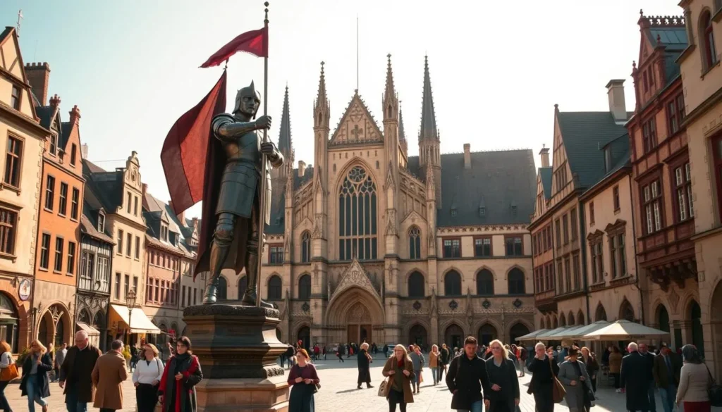 A medieval city square in Rouen, France, on a sunny afternoon. In the center, the towering figure of Joan of Arc stands tall, clad in her signature armor and holding a banner aloft. The backdrop is the grand Gothic cathedral, its spires reaching towards the sky. Pedestrians mill about, dressed in period-appropriate attire, creating a lively scene. Warm lighting bathes the scene, casting soft shadows and highlighting the intricate details of the architecture. The overall tone is one of historical significance and reverence, capturing the essence of Joan of Arc's legacy in the city of Rouen.