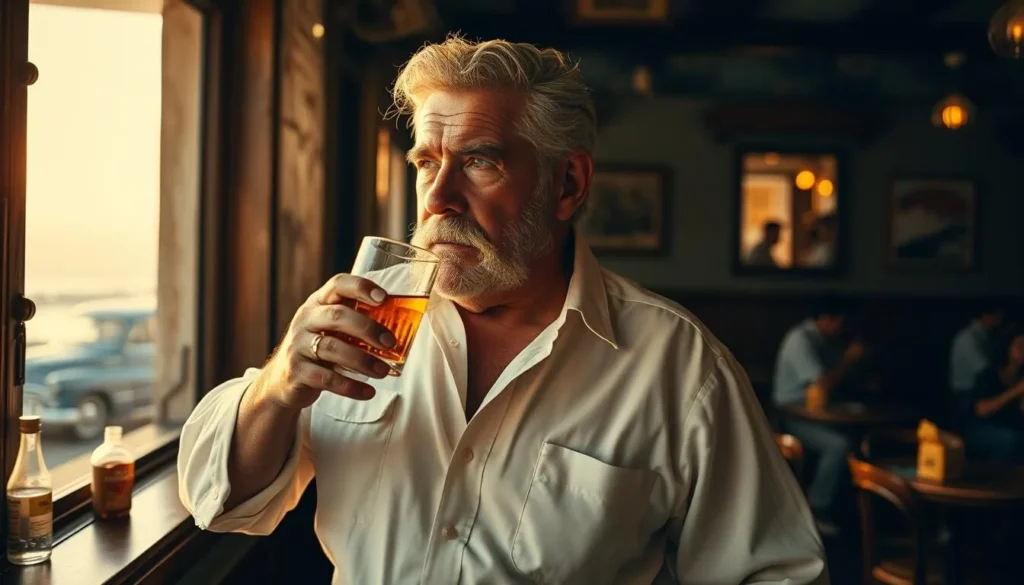 A middle-aged man with a rugged, weathered face, Ernest Hemingway stands in a dimly lit Havana bar, nursing a glass of rum. Dressed in a crisp, white button-down shirt and dark slacks, he exudes an air of contemplative solitude, his gaze fixed on the distant horizon through the window. The warm, golden lighting casts a soft, nostalgic glow, capturing the essence of this literary icon's literary legacy and his deep connection to the vibrant city of Havana. The background features subtle details that evoke the timeless ambiance of the era, such as vintage furniture and a few patrons engaged in lively conversation, creating a sense of place that immerses the viewer in Hemingway's world.
