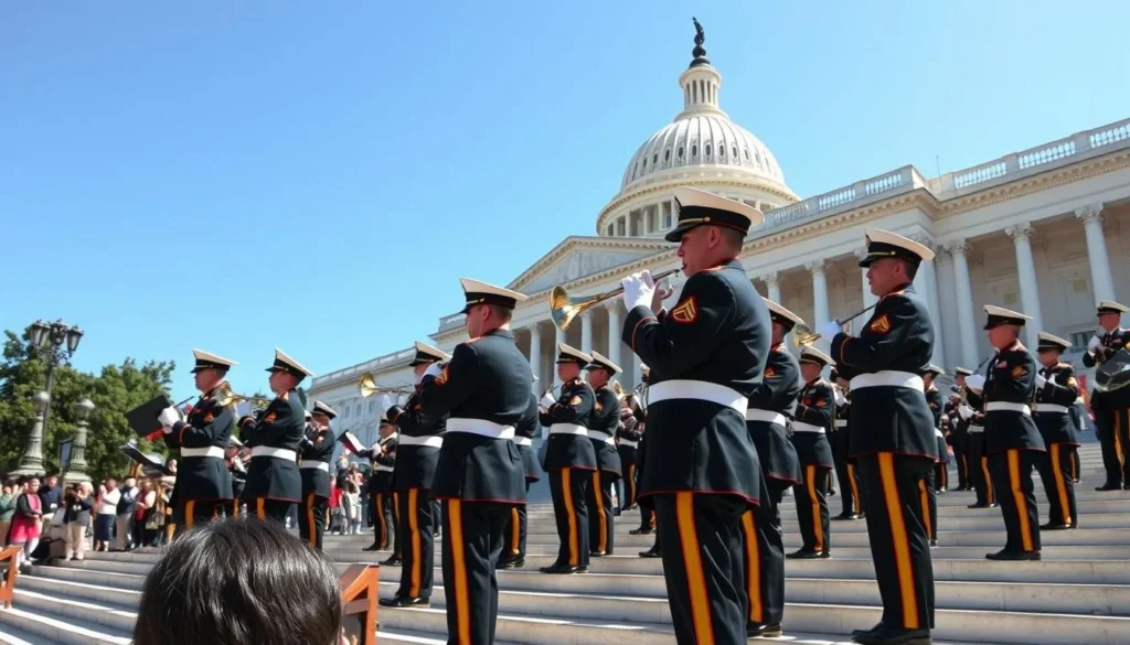 A military band performing a free concert on the steps of the U.S. Capitol