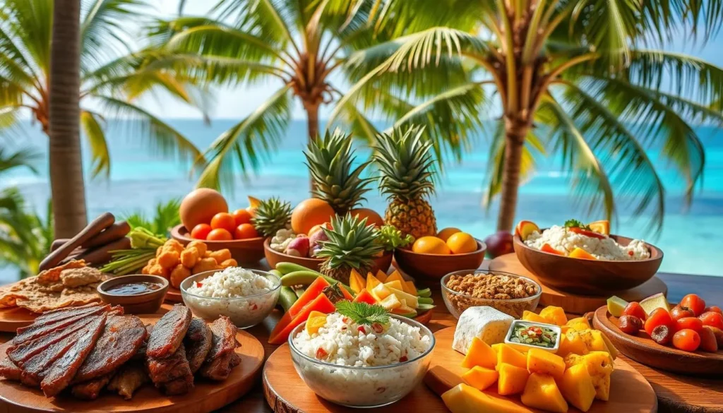 A mouthwatering spread of authentic Hawaiian cuisine, showcased against a backdrop of lush tropical foliage and vibrant island colors. In the foreground, an array of traditional dishes including succulent kalua pork, glistening poke bowls, and fragrant coconut rice, all artfully presented on wooden platters. In the middle ground, fresh tropical fruits such as pineapple, papaya, and mango, complementing the savory flavors. The background depicts a serene outdoor setting, with swaying palm trees and a glimpse of the sparkling azure waters of the Pacific Ocean, creating a captivating and immersive island ambiance. Soft, warm lighting accentuates the natural textures and vibrant hues, evoking the inviting and authentic spirit of Hawai'i.