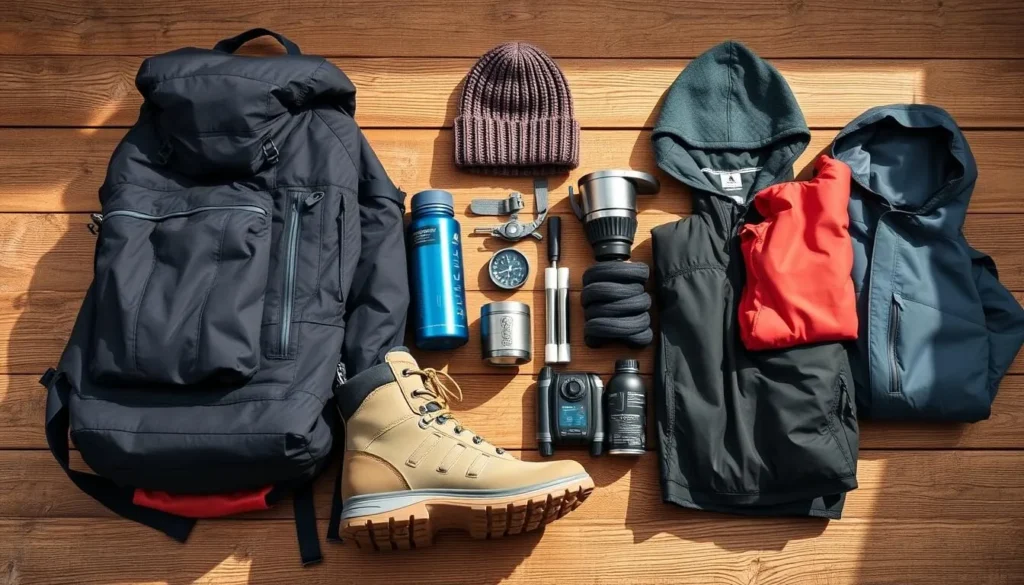A neatly organized arrangement of essential Patagonian travel gear rests on a weathered wooden surface, bathed in soft, natural lighting. In the foreground, a sturdy backpack, insulated jacket, and waterproof hiking boots stand ready for rugged exploration. The middle ground showcases a compass, water bottle, and compact camping stove, hinting at the region's adventurous spirit. In the background, a cozy knit hat, moisture-wicking base layers, and a durable rain poncho suggest preparedness for Patagonia's dynamic climate. The overall composition conveys a sense of adventure, functionality, and a reverence for the natural world.