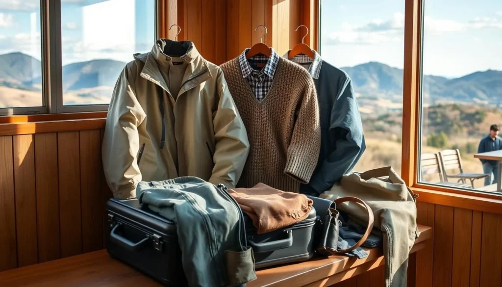 A neatly packed suitcase sits on a wooden bench, surrounded by a variety of weather-appropriate garments - a lightweight windbreaker, a cozy sweater, a collared shirt, and a pair of versatile trousers. Soft, natural light filters through a nearby window, casting a warm glow on the scene. In the background, a scenic vista of rolling hills and a clear blue sky hints at the diverse landscapes of Yamaguchi Prefecture. The overall atmosphere evokes a sense of preparedness and excitement for a weather-savvy trip to this region of Japan.