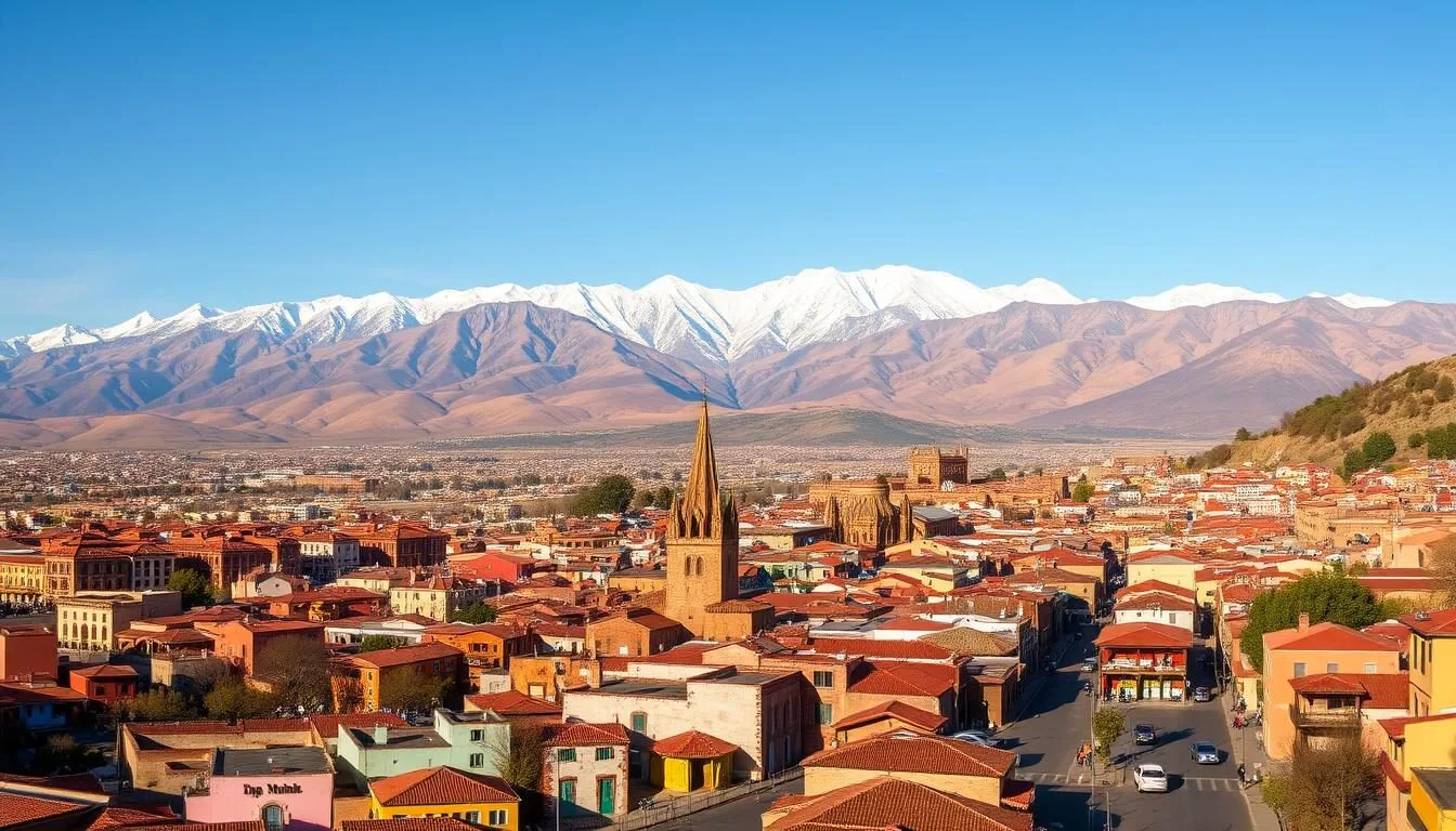 A panoramic cityscape of La Paz, Bolivia, nestled in the Andes mountains. In the foreground, traditional adobe houses with vibrant colors and terracotta roofs cascade down the hillsides. Mid-ground showcases the bustling streets and plazas, pedestrians and vehicles creating a lively scene. In the background, the iconic snow-capped peaks of the Cordillera Real mountain range rise majestically, bathed in warm, golden afternoon light. Capture the awe-inspiring views, the unique architecture, and the enchanting atmosphere of this high-altitude city.