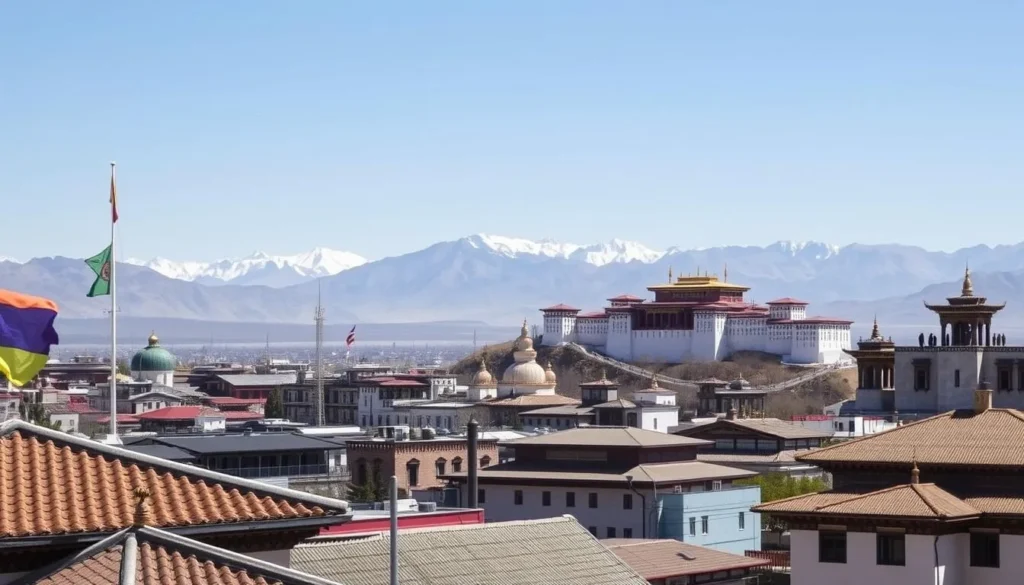 A panoramic cityscape of Lhasa, the sacred capital of Tibet, on a clear, sunny day. In the foreground, traditional Tibetan buildings with ornate rooftops and colorful prayer flags flutter in the gentle breeze. The middle ground features the iconic Potala Palace, its white and ochre walls gleaming under the bright natural lighting. In the background, snow-capped Himalayan peaks rise majestically, creating a breathtaking backdrop. The scene exudes a serene, spiritual atmosphere, inviting the viewer to discover the rich cultural heritage and natural beauty of this remarkable Tibetan city.