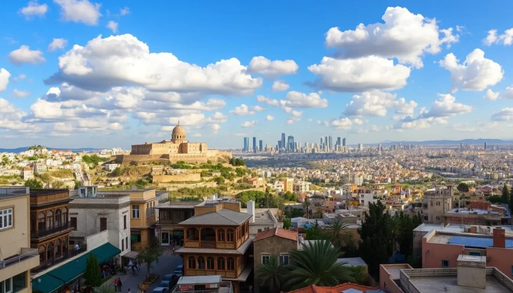 A panoramic view of Amman's captivating cityscape, sprawling across seven picturesque hills. In the foreground, a bustling street lined with traditional architecture and thriving cafes. In the middle ground, the iconic Ottoman-era Citadel stands tall, its ancient stones bathed in warm, golden light. Beyond, the city's skyscrapers and residential neighborhoods cascade down the hillsides, creating a visually striking tapestry. The sky above is a brilliant azure, peppered with fluffy white clouds that cast soft shadows over the urban landscape. Capture the energy, history, and natural beauty that make Amman a truly enchanting Jordanian capital.