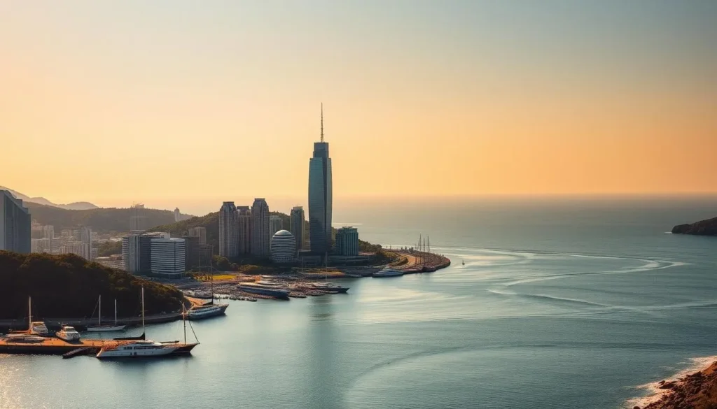 A panoramic view of Dalian's picturesque coastline, bathed in warm golden sunlight. In the foreground, a tranquil harbor dotted with sailboats and fishing vessels, their reflections rippling on the calm, azure waters. Towering skyscrapers in the middle ground, their sleek glass facades gleaming, framed by lush green hills in the distance. The horizon is dominated by the vast, sparkling East China Sea, its gentle waves lapping against the rocky shoreline. A serene, atmospheric scene that captures the essence of Dalian's natural beauty and cosmopolitan charm.