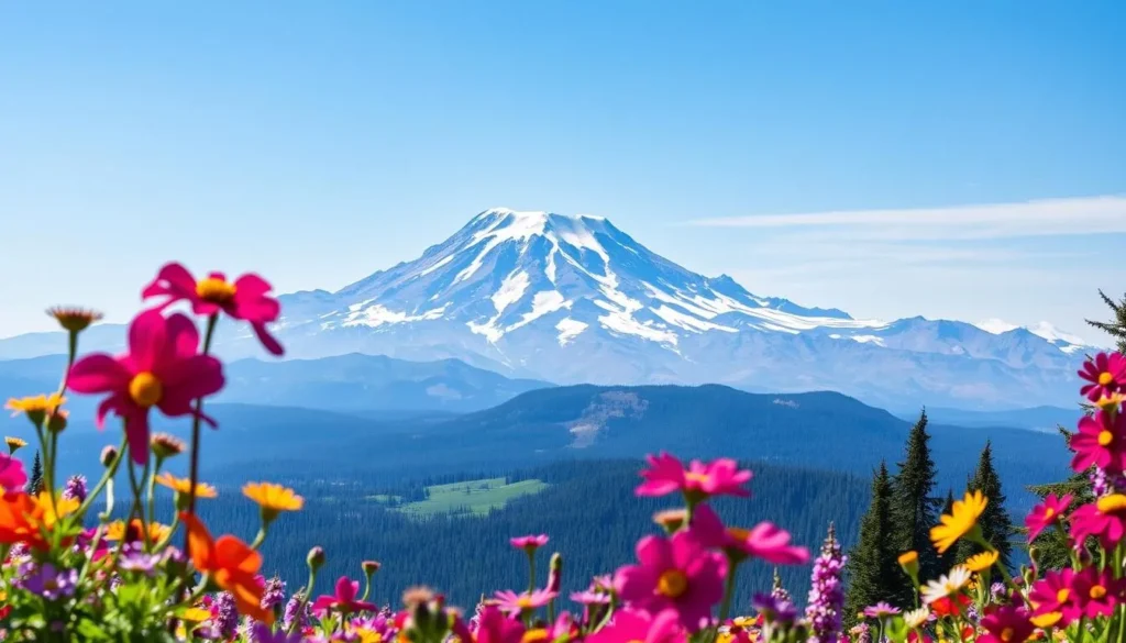 A panoramic view of Mount Rainier's majestic peak with wildflowers in the foreground.