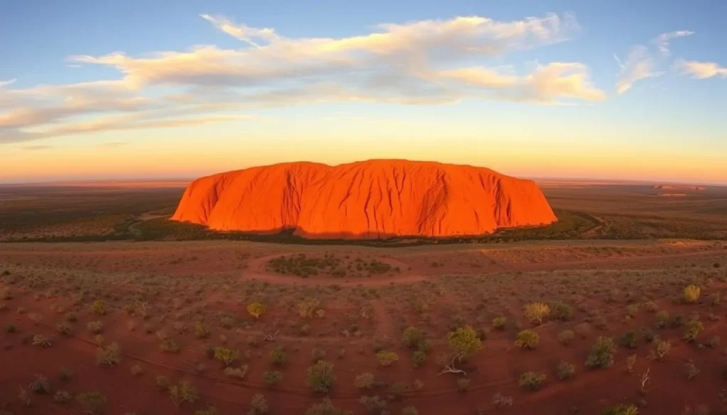 A panoramic view of Uluru and the surrounding desert landscape at golden hour, Best Things to Do in Yulara, Northern Territory A panoramic view of Uluru and the surrounding desert landscape at golden hour, Best Things to Do in Yulara, Northern Territory