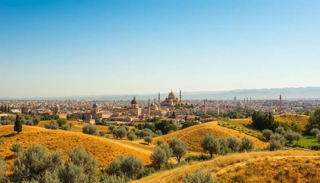 A panoramic view of the historic city of Nazareth, Israel, on a bright, sunny day. In the foreground, rolling hills dotted with olive trees and lush greenery. The middle ground features the iconic domes and spires of Nazareth's churches and cathedrals, including the Church of the Annunciation, a major Christian pilgrimage site. In the background, the city's skyline rises against a clear, azure sky, with distant mountains providing a scenic backdrop. The scene is bathed in warm, golden light, creating a serene and inviting atmosphere, perfect for exploring Nazareth's rich religious and cultural heritage.