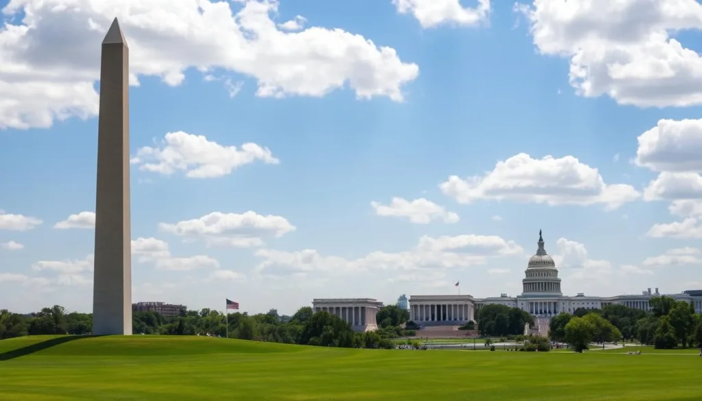 A panoramic view of the iconic monuments of Washington DC on a bright, sunny day. In the foreground, the towering obelisk of the Washington Monument stands tall, its crisp edges and clean lines casting long shadows across the lush, manicured lawn. In the middle ground, the stately, neoclassical Lincoln Memorial comes into focus, its grand columns and serene statue of the 16th president creating a sense of solemn grandeur. In the distance, the striking silhouette of the US Capitol building and the majestic dome of the Library of Congress emerge, framed by a clear blue sky dotted with fluffy white clouds. The scene exudes a sense of timeless, patriotic splendor, inviting the viewer to explore the rich history and significance of these iconic American landmarks.