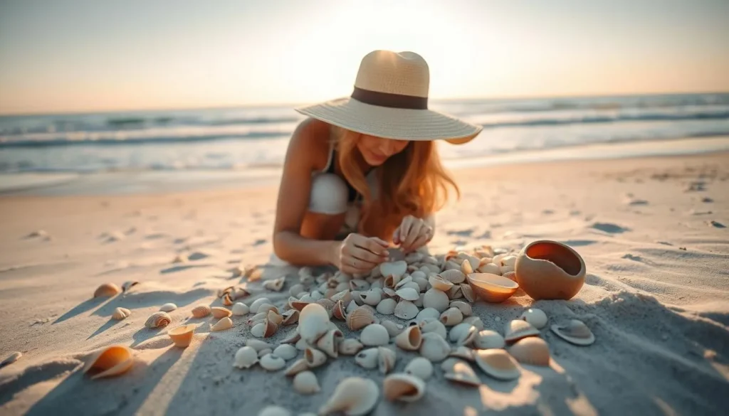 A peaceful beach scene along the tranquil Gulf Coast, with a woman in a wide-brimmed hat carefully sifting through the sand, examining a collection of delicate seashells. The warm sunlight casts a soft, golden glow, illuminating the intricate patterns and vibrant colors of the shells scattered across the shore. In the background, gentle waves lap against the shoreline, creating a soothing, meditative atmosphere. The camera captures the scene from a low angle, emphasizing the serene, contemplative nature of the shell collecting experience.
