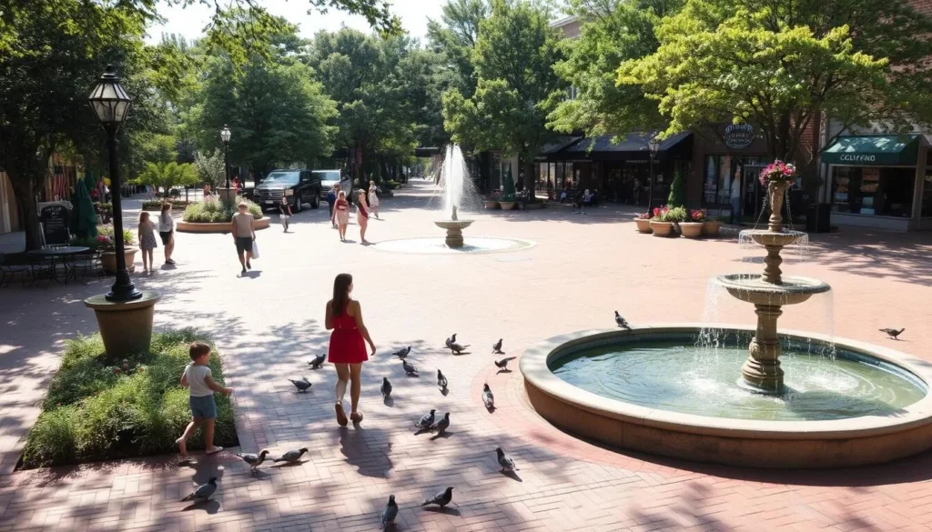 A peaceful, sun-dappled plaza nestled in the heart of Rockford's historic downtown. Lush greenery and ornate fountains adorn the spacious, brick-paved square, inviting visitors to linger and soak in the tranquil atmosphere. Families stroll along the shaded pathways, children playfully chasing pigeons in the dappled sunlight. Charming, locally-owned shops and cafes line the plaza's edges, their warm, inviting facades reflecting in the glistening water features. Soft, natural lighting filters through the canopy of mature trees, casting a gentle glow over the serene scene. An oasis of calm amidst the bustling city, this hidden gem offers a peaceful respite for both locals and travelers alike.