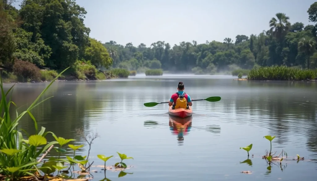 A person kayaking through a tranquil lake, surrounded by lush vegetation.
