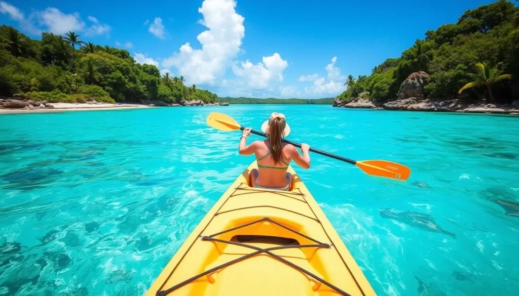A person kayaking through crystal-clear waters in the Exuma Cays