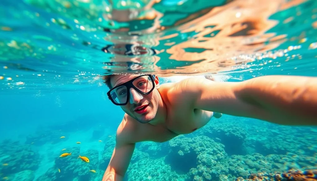 A person snorkeling in the crystal clear waters of Norfolk Island's coral reef with colorful fish and marine life visible in the turquoise water A person snorkeling in the crystal clear waters of Norfolk Island's coral reef with colorful fish and marine life visible in the turquoise water