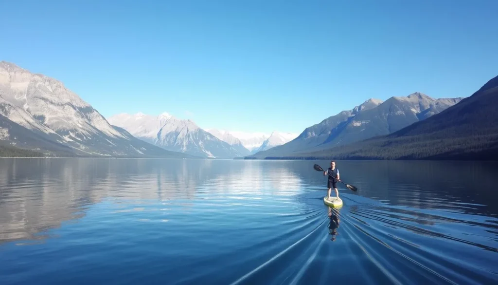 A person stand-up paddleboarding on a calm Banff lake with a stunning mountain view.