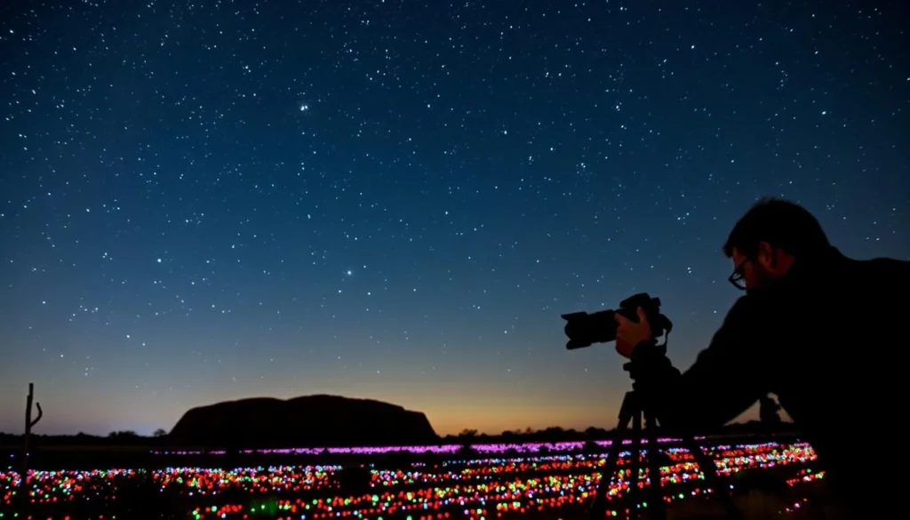 A photographer capturing the stars over Uluru at night with the Field of Light installation in the foreground, Best Things to Do in Yulara, Northern Territory A photographer capturing the stars over Uluru at night with the Field of Light installation in the foreground, Best Things to Do in Yulara, Northern Territory