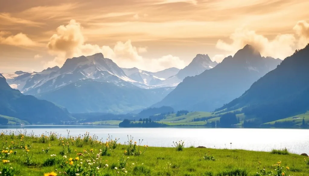 A picturesque Austrian alpine landscape in the late spring or early summer. A lush green meadow dotted with wildflowers in the foreground, with a shimmering lake in the middle distance reflecting the majestic snow-capped peaks of the Tyrolian Alps in the background. Warm, soft lighting filters through wispy clouds, creating a serene and inviting atmosphere. The scene conveys the ideal conditions for hiking, cycling, or simply enjoying the breathtaking natural beauty that Austria is renowned for. A picturesque Austrian alpine landscape in the late spring or early summer. A lush green meadow dotted with wildflowers in the foreground, with a shimmering lake in the middle distance reflecting the majestic snow-capped peaks of the Tyrolian Alps in the background. Warm, soft lighting filters through wispy clouds, creating a serene and inviting atmosphere. The scene conveys the ideal conditions for hiking, cycling, or simply enjoying the breathtaking natural beauty that Austria is renowned for.