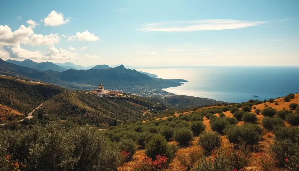 A picturesque Cretan landscape under a bright, sun-dappled sky. In the foreground, rolling hills covered in olive groves and wildflowers sway gently in the breeze. The middle ground features a quaint, whitewashed village nestled between rugged mountains, their peaks kissed by wisps of cloud. In the distance, the shimmering azure expanse of the Aegean Sea stretches out to the horizon, dotted with the silhouettes of small fishing boats. Warm, golden light filters through the scene, imbuing it with a sense of timeless tranquility and natural splendor. Capture the essence of Crete's captivating landscape in a cinematic, wide-angle composition.