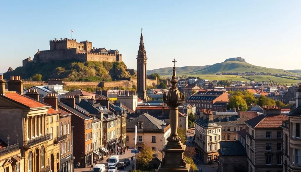 A picturesque Edinburgh cityscape on a sunny day, with the iconic castle perched atop its volcanic crag, overlooking the historic Old Town with its distinctive red-tiled roofs and winding cobblestone streets. In the foreground, pedestrians stroll along the lively Princes Street, lined with neoclassical architecture and bustling shops. The middle ground features the majestic Scott Monument, its spires reaching towards the clear blue sky. In the background, the rolling green hills of the Salisbury Crags and Arthur's Seat create a stunning natural backdrop, bathed in warm, golden light. Capture the charm and timeless beauty of this enchanting Scottish city through a wide-angle lens, showcasing its picturesque blend of history, architecture, and scenic landscapes.