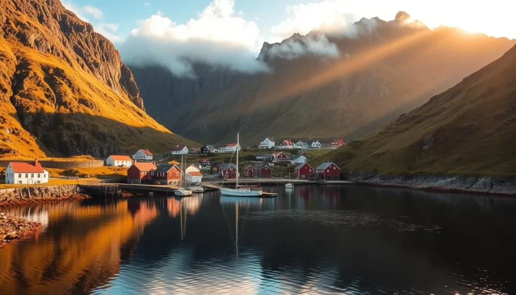 A picturesque Faroese village nestled in a dramatic coastal fjord, Gjógv is a charming and photogenic scene. Showcase a tranquil harbor framed by towering basalt cliffs, with traditional red-roofed houses and fishing boats floating peacefully on the mirror-still waters. Bathe the idyllic setting in warm, golden afternoon sunlight filtering through wispy, ethereal clouds. Emphasize the rugged, unspoiled natural beauty of the Faroe Islands, capturing the essence of this quaint, timeless settlement amid the majestic fjordlands.