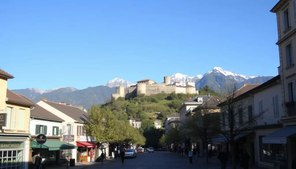 A picturesque Grenoble cityscape on a bright, sunny day. In the foreground, quaint cobblestone streets and charming local shops, their facades bathed in warm, golden light. In the middle ground, the iconic Bastille fortress perches atop a verdant hill, its ancient walls and towers casting dramatic shadows. Beyond, the majestic French Alps rise up, their snow-capped peaks glistening under a clear, azure sky. Pedestrians stroll leisurely, taking in the scenic vistas and vibrant energy of this historic city. A wide-angle lens captures the harmonious blend of architecture, nature, and human activity, inviting the viewer to imagine themselves exploring Grenoble's picturesque streets and breathtaking landscapes.