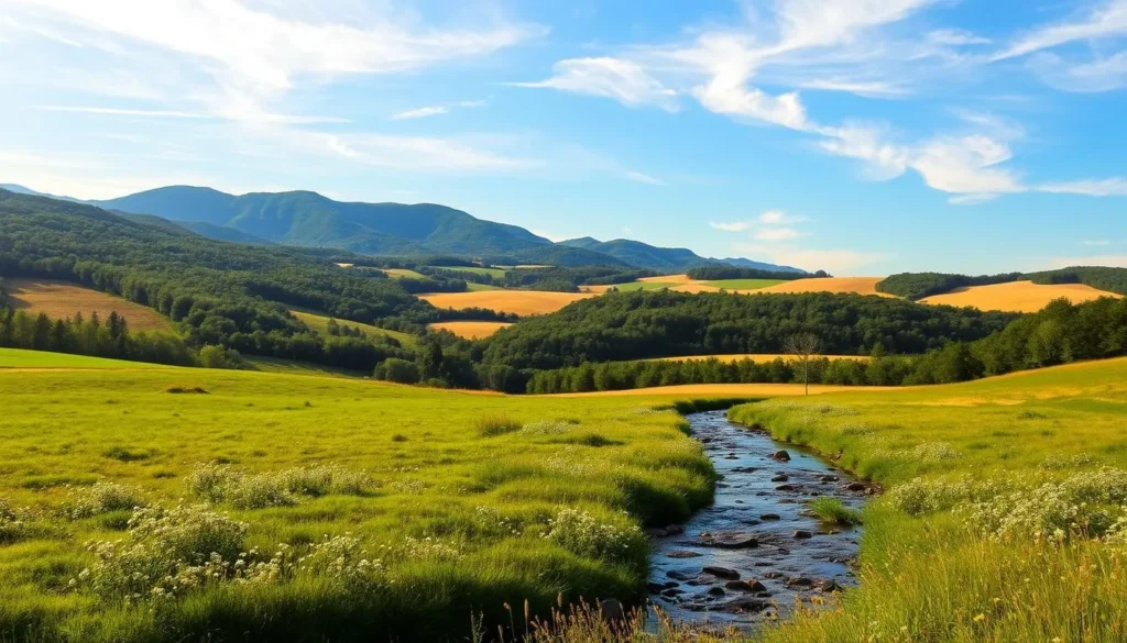 A picturesque Hudson Valley landscape on a pleasant sunny day. In the foreground, a tranquil stream meanders through lush green meadows dotted with wildflowers. The middle ground features rolling hills blanketed in a patchwork of verdant forests and golden wheat fields. In the distance, the iconic Catskill Mountains rise majestically, their rugged peaks silhouetted against a clear azure sky. Warm, diffused sunlight filters through wispy clouds, casting a soft, golden glow over the entire scene. The overall atmosphere is one of serene, pastoral beauty, capturing the essence of this cherished region of New York State.