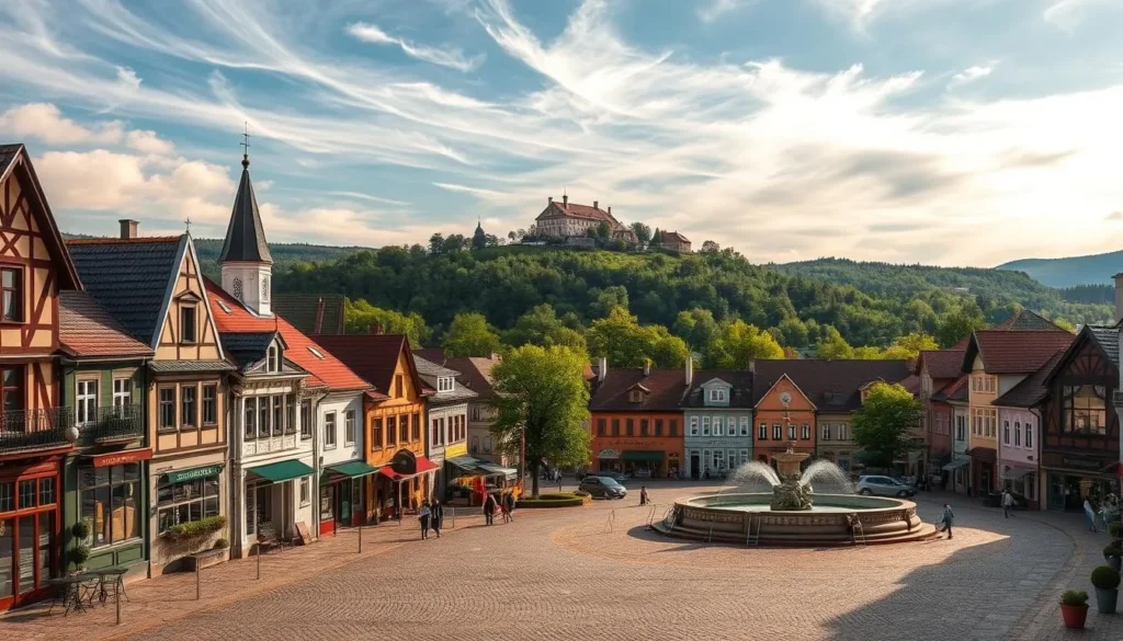 A picturesque Lithuanian town nestled in a lush, rolling landscape. In the foreground, charming cobblestone streets lined with colorful, historic buildings - ornate churches, cozy cafes, and independent shops. Wispy clouds drift overhead, casting a warm, golden light across the scene. In the middle ground, a central square bustles with locals and visitors, strolling past a grand, ornate fountain. In the distance, a hilltop castle or manor house stands proudly, surrounded by verdant forests. The overall mood is one of tranquil, timeless elegance, capturing the essence of Lithuania's captivating small-town charm.
