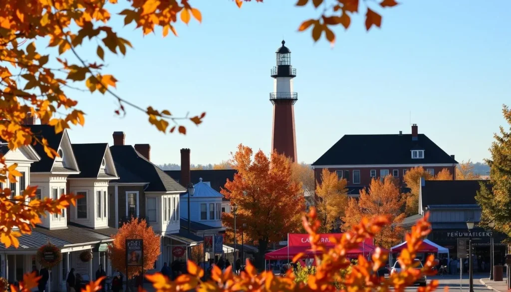 A picturesque Michigan City scene in the fall season. In the foreground, colorful autumn foliage frames a quaint downtown area with Victorian-style buildings and charming shops. In the middle ground, a bustling farmers market showcases local produce and crafts under a warm, golden light. In the background, the iconic Washington Park lighthouse stands tall against a clear, azure sky, signaling the proximity of Lake Michigan's shimmering waters. The overall mood is one of tranquility and small-town appeal, inviting visitors to immerse themselves in the seasonal delights of this Hoosier harbor town.