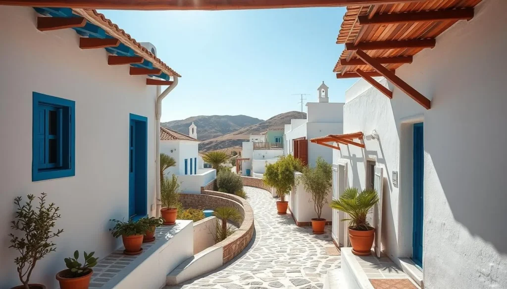 A picturesque Mykonos island interior scene, bathed in warm Mediterranean sunlight. In the foreground, a charming whitewashed building with vibrant blue accents and a terracotta tile roof, its windows and doorways framing the view beyond. In the middle ground, winding cobblestone paths meander between low walls and lush potted plants, leading the eye towards the backdrop of rolling hills, their slopes dotted with more traditional Cycladic architecture. The scene exudes a sense of tranquility and timeless Greek island essence, captured with a wide-angle lens to showcase the depth and character of this enchanting Mykonos interior.