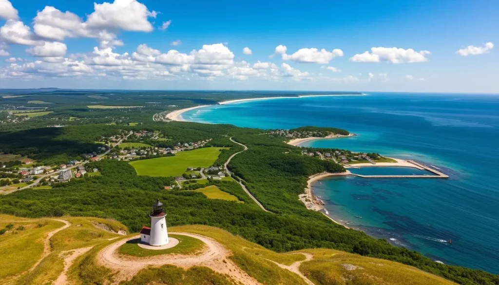 A picturesque aerial view of Martha's Vineyard Island, Massachusetts. The lush, verdant landscape unfolds beneath a clear, azure sky, dotted with fluffy white clouds. Rolling hills, quaint towns, and winding roads lead the eye towards the island's pristine coastline, where sandy beaches and azure waters meet. In the foreground, a historic lighthouse stands tall, its beacon guiding ships through the tranquil harbor. The overall scene exudes a sense of relaxed, charming island life, inviting the viewer to explore the enchanting charm of this beloved New England destination.