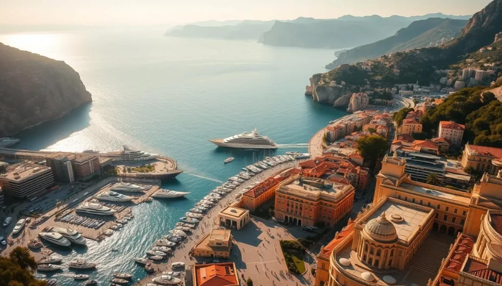 A picturesque aerial view of Monaco's iconic coastline, nestled between the sparkling Mediterranean Sea and the towering cliffs. The opulent yachts and luxury hotels along the winding harbor are bathed in warm, golden sunlight, casting long shadows that create a sense of depth and grandeur. In the middle ground, the narrow streets and grand architecture of the city center come into focus, with residents and visitors strolling through the charming plazas and sidewalk cafes. In the background, the rolling hills and lush greenery of the surrounding principality provide a stunning natural backdrop, completing the quintessential Monaco scene.