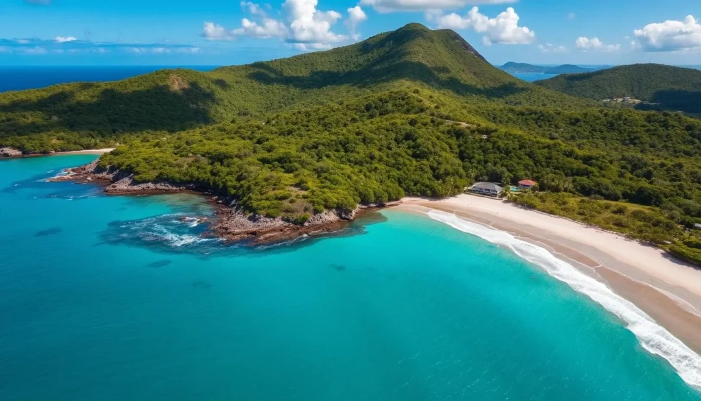 A picturesque aerial view of Petite Martinique island, Grenada, on a bright, sunny day. The lush, verdant landscape is dotted with vibrant tropical foliage, and the crystal-clear turquoise waters of the Caribbean Sea lap gently against the island's white sandy beaches. In the distance, the island's distinctive hilly terrain rises up, casting soft shadows across the scene. The lighting is warm and diffused, creating a tranquil, postcard-worthy atmosphere. Capture the essence of Petite Martinique's idyllic weather and natural beauty, perfect for enticing visitors to explore this hidden gem of the Grenadines.