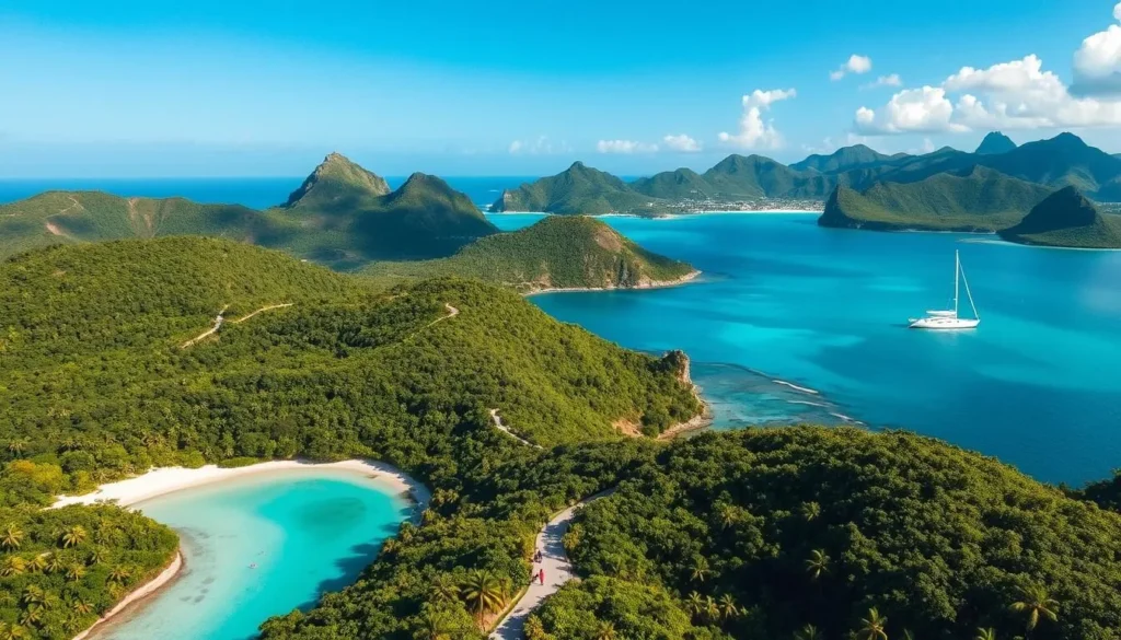 A picturesque aerial view of the lush, verdant island of Jost Van Dyke, British Virgin Islands, on a bright, sunny day. The frame captures the island's pristine beaches, turquoise waters, and a network of hiking trails winding through the tropical foliage. In the foreground, a group of travelers explore the island's hidden coves and inlets, while in the middle ground, a sailboat glides across the tranquil bay. The background showcases the island's iconic peaks and ridges, casting long shadows across the landscape. The scene exudes a sense of adventure, tranquility, and the natural beauty that defines the perfect Jost Van Dyke itinerary.