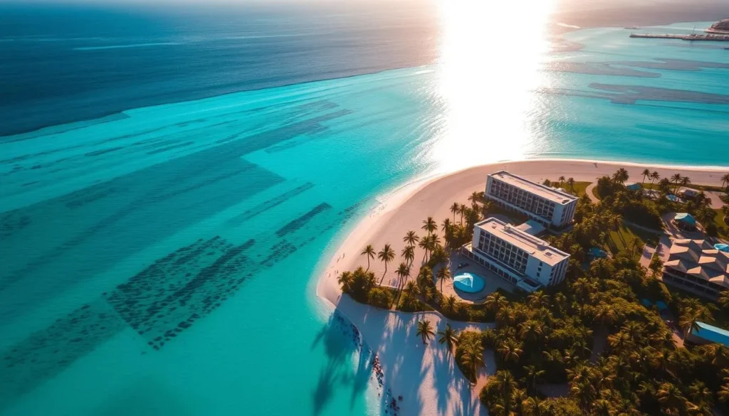 A picturesque aerial view of the stunning Aruba island, with its iconic white sand beaches, crystal-clear turquoise waters, and swaying palm trees. The scene captures the island's vibrant and serene atmosphere, showcasing the natural beauty that draws visitors to this Caribbean paradise. The mid-morning sun casts a warm, golden glow, illuminating the lush, verdant landscape and the sleek, modern resorts nestled along the coastline. The image is framed by a wide, sweeping angle, allowing the viewer to take in the full splendor of this tropical oasis.