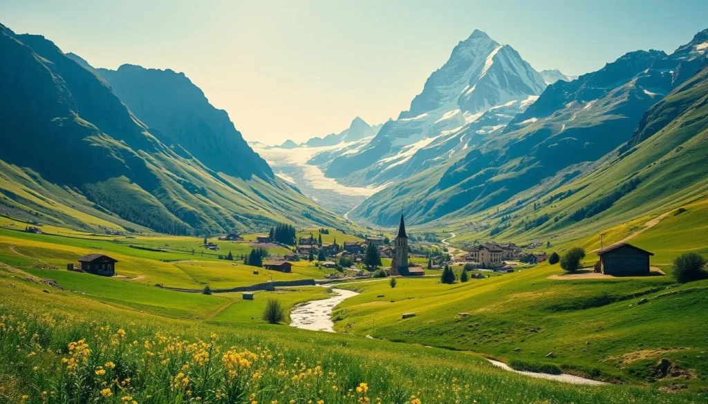 A picturesque alpine valley nestled between towering snow-capped peaks, the Chamonix Valley in France exudes breathtaking natural beauty. Capture the tranquil, sun-dappled scene with a wide-angle lens, showcasing the sweeping panorama of the rugged mountainous landscape. In the foreground, lush green meadows dotted with wildflowers lead the eye towards the glistening glacial rivers and streams. In the middle ground, quaint alpine villages with charming chalets and church spires peek out from the rolling hills. In the distance, the majestic Mont Blanc massif rises majestically, its jagged, icy ridges cutting a dramatic silhouette against the clear, azure sky. Bathe the entire scene in warm, golden sunlight to evoke a sense of serenity and adventure, inviting the viewer to explore this picturesque alpine wonderland. A picturesque alpine valley nestled between towering snow-capped peaks, the Chamonix Valley in France exudes breathtaking natural beauty. Capture the tranquil, sun-dappled scene with a wide-angle lens, showcasing the sweeping panorama of the rugged mountainous landscape. In the foreground, lush green meadows dotted with wildflowers lead the eye towards the glistening glacial rivers and streams. In the middle ground, quaint alpine villages with charming chalets and church spires peek out from the rolling hills. In the distance, the majestic Mont Blanc massif rises majestically, its jagged, icy ridges cutting a dramatic silhouette against the clear, azure sky. Bathe the entire scene in warm, golden sunlight to evoke a sense of serenity and adventure, inviting the viewer to explore this picturesque alpine wonderland.