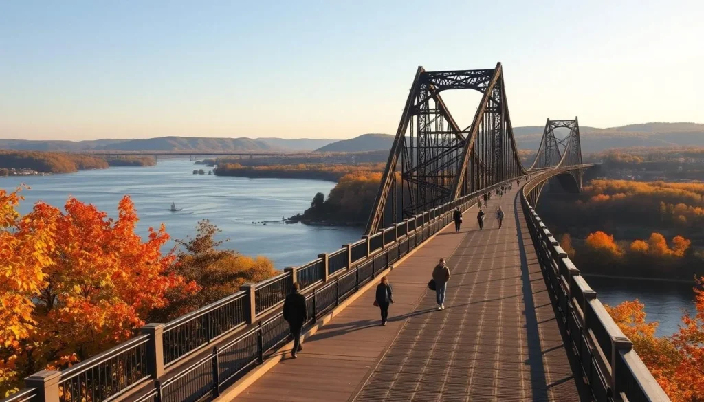 A picturesque autumn day on the iconic Walkway Over the Hudson in Poughkeepsie, New York. The historic steel cantilever bridge stretches gracefully across the glistening Hudson River, offering breathtaking views of the surrounding landscape. Vibrant foliage lines the walkway, casting warm hues across the scene. Pedestrians stroll leisurely, taking in the serene ambiance and the stunning panorama of the river valley below. Warm, diffused sunlight bathes the area, creating a tranquil, inviting atmosphere. Capture the essence of this beloved local landmark in a pristine, photorealistic rendering.