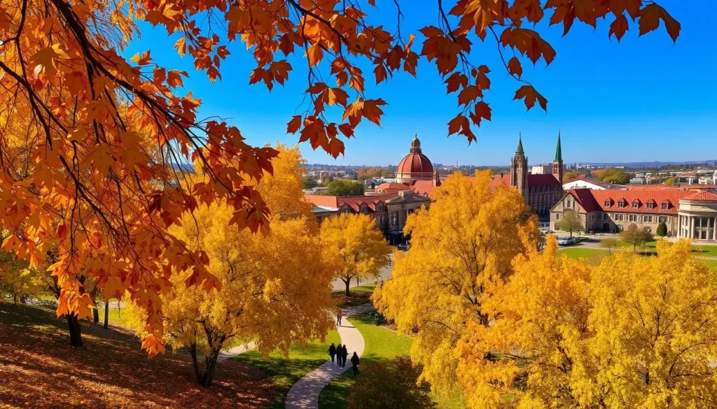 A picturesque autumn scene in Fresno, California. In the foreground, vibrant orange and yellow leaves cascade from lush trees, carpeting the ground below. In the middle ground, people stroll along a winding path, enjoying the crisp, cool air and clear blue sky. In the background, the iconic architecture of downtown Fresno rises, its terracotta roofs and brick facades bathed in warm, golden light. The entire landscape is infused with a sense of tranquility and the magic of the changing seasons. Capture this quintessential Fresno fall with a wide-angle lens, showcasing the harmony of nature and urban life.