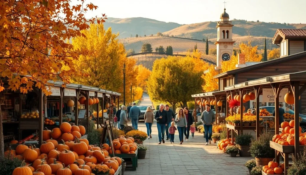 A picturesque autumn scene in the heart of Temecula, California. The foreground showcases a cozy farmers market, overflowing with vibrant pumpkins, fresh apple cider, and artisanal crafts. In the middle ground, families stroll along a tree-lined path, admiring the golden foliage and crisp, cool air. The background features the rolling hills of the Temecula Valley, with a winery's lush vineyards and a historic clock tower standing tall. Warm, soft lighting filters through the scene, creating a welcoming, nostalgic atmosphere. Capture the essence of fall's bounty and the charming small-town character of Temecula.