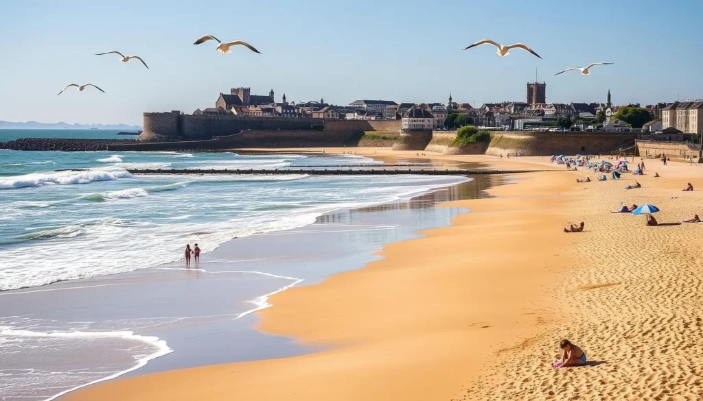 A picturesque beach in Saint-Malo, France, on a sunny day. The soft, golden sand stretches out, dotted with colorful umbrellas and beachgoers relaxing in the warm, gentle breeze. In the background, the historic walled city rises up, its stone ramparts and towers casting long shadows across the scene. Waves crash against the rocky jetties, their white foam glittering in the sunlight. Seagulls soar overhead, their cries mingling with the laughter of children playing in the shallows. The overall atmosphere is one of tranquility and leisure, inviting visitors to bask in the natural beauty of this coastal gem.