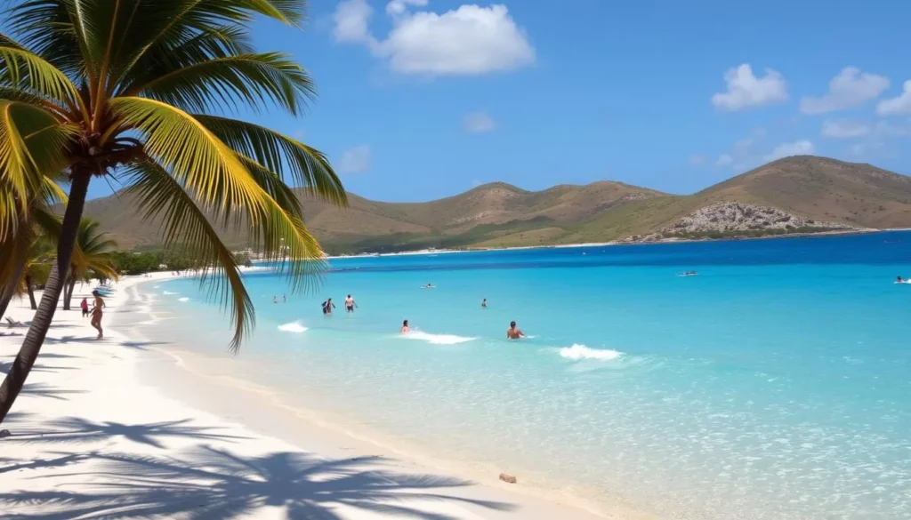 A picturesque beach on Vieques Island, Puerto Rico, with crystal-clear turquoise waters and soft, white sand. In the foreground, palm trees sway gently in the warm breeze, casting delicate shadows on the ground. The middle ground features a group of people engaged in various beach activities, such as swimming, sunbathing, and playing in the surf. In the background, rolling hills covered in lush, verdant vegetation create a stunning natural backdrop. The scene is bathed in golden, warm sunlight, creating a serene and inviting atmosphere. The overall impression is one of a tropical paradise, perfectly capturing the essence of a relaxing and picturesque visit to Vieques Island.