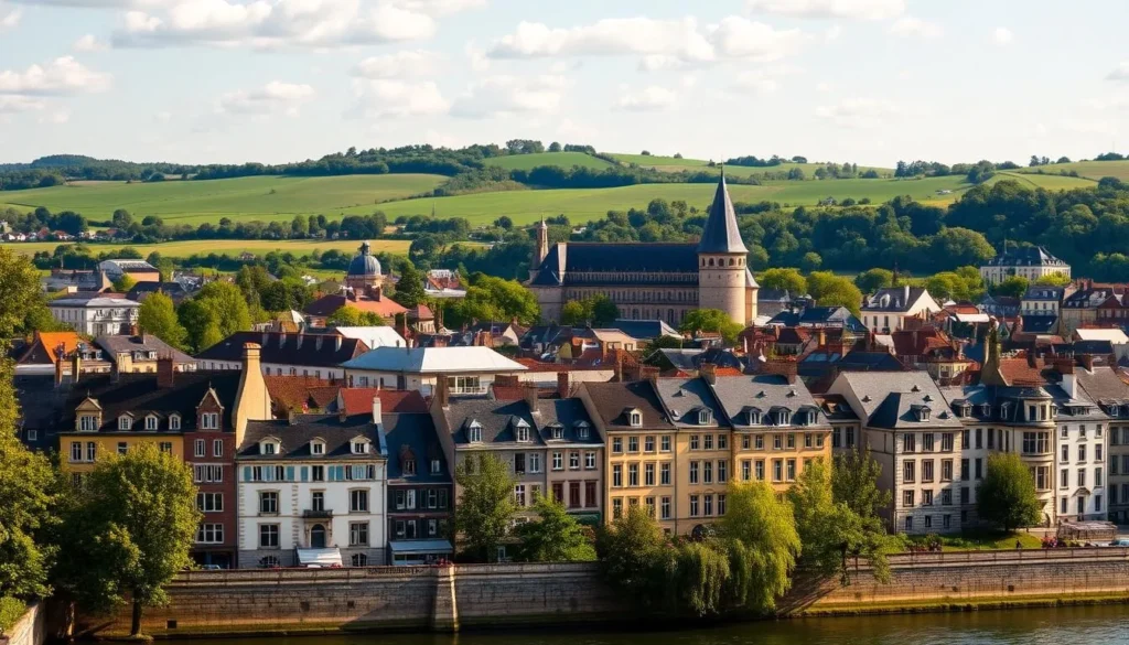 A picturesque city skyline of Rennes, France on a sunny day. In the foreground, charming historic buildings with classic French architecture line the banks of the Vilaine river. Mid-ground features the iconic Parlement de Bretagne, a stunning 17th-century parliament building with a distinctive roofline. The background showcases the rolling hills and lush greenery that surround the city. Warm, golden lighting illuminates the scene, creating a welcoming and tranquil atmosphere. The image is captured at a medium-wide angle, highlighting the harmonious blend of old and new that defines Rennes' character.