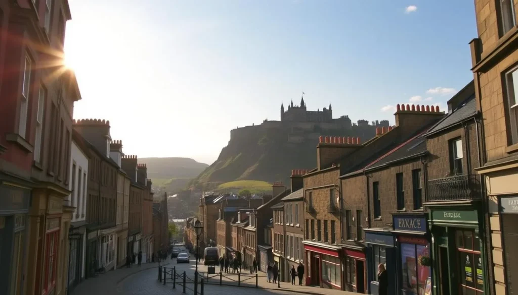 A picturesque city tour through the historic streets of Edinburgh, Scotland. In the foreground, cobblestone alleyways wind between classic Georgian architecture, with colorful storefronts and locals strolling by. The middle ground features the iconic Edinburgh Castle perched atop an ancient volcanic crag, its towers and spires silhouetted against a bright, cloudless sky. In the distance, the lush, rolling hills of the Scottish countryside provide a serene backdrop. Warm, golden sunlight filters through, casting a soft, inviting glow over the entire scene. Capture the charm, culture, and natural beauty that make Edinburgh a premier travel destination.