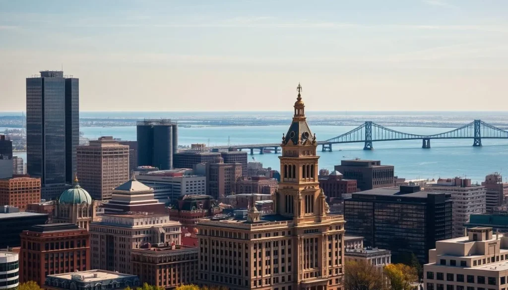 A picturesque cityscape of Buffalo, New York, the "Queen City of the Lakes," on a bright, sunny day. In the foreground, the iconic Buffalo City Hall stands tall, its art deco architecture shimmering in the warm light. The middle ground is filled with a mix of historic and modern buildings, their facades reflecting the city's blend of old and new. In the background, the serene waters of Lake Erie glisten, with the distant silhouettes of grain silos and the Peace Bridge hinting at the city's industrial heritage. The scene is infused with a sense of vibrancy and civic pride, capturing the essence of this dynamic lakeside metropolis.