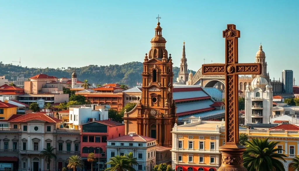 A picturesque cityscape of Cebu City, the vibrant capital of Cebu Island, Philippines. In the foreground, the iconic Magellan's Cross stands tall, a historic landmark that marks the site where Christianity was first introduced to the Philippines. In the middle ground, the towering Basilica Minore del Santo Niño and its ornate facade command attention, surrounded by colonial-style buildings. Further back, the Cebu Metropolitan Cathedral and the soaring Fuente Osmeña Circle fountain create a harmonious skyline. Warm sunlight bathes the scene, casting soft shadows and highlighting the vibrant colors of the architecture. The overall atmosphere exudes a sense of timeless beauty and cultural heritage.