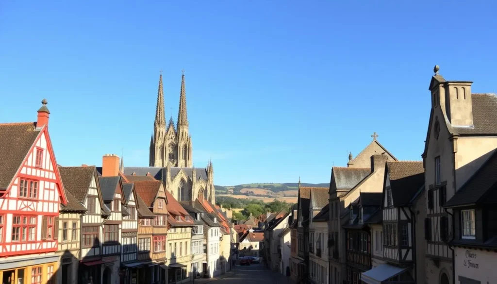 A picturesque cityscape of Chartres, France on a sunny day. In the foreground, charming medieval buildings with colorful half-timbered facades and ornate stone architecture line the cobblestone streets. In the middle ground, the iconic spires of the magnificent Chartres Cathedral rise majestically, casting long shadows across the town. The background features rolling hills and a clear azure sky, creating a tranquil and inviting atmosphere. Capture the quaint, historic ambiance of this charming French city through a wide-angle lens, showcasing its timeless beauty and architectural splendor.