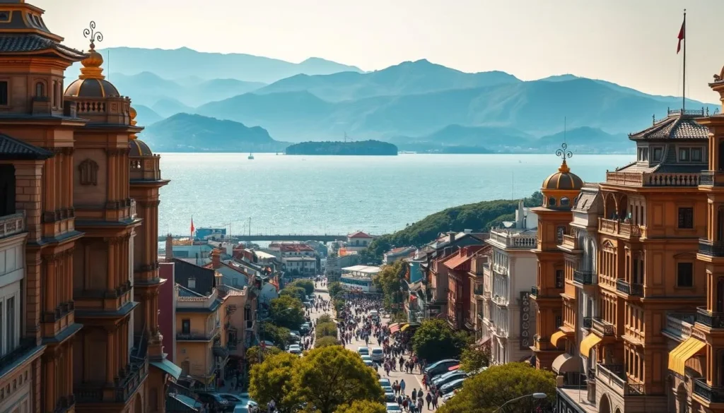 A picturesque cityscape of Dalian, a coastal metropolis steeped in Chinese history. In the foreground, historic buildings and landmarks stand tall, their intricate architectural details illuminated by warm, golden sunlight. In the middle ground, bustling streets are filled with people going about their daily lives, showcasing the vibrant culture and energy of the city. In the background, the sparkling waters of the Bohai Sea and the lush, rolling hills create a stunning natural backdrop, framing the scene with a sense of tranquility. The overall composition evokes a harmonious blend of Dalian's rich past and its modern, thriving present, captured through a lens of crisp, realistic detail and a soft, romantic atmosphere.