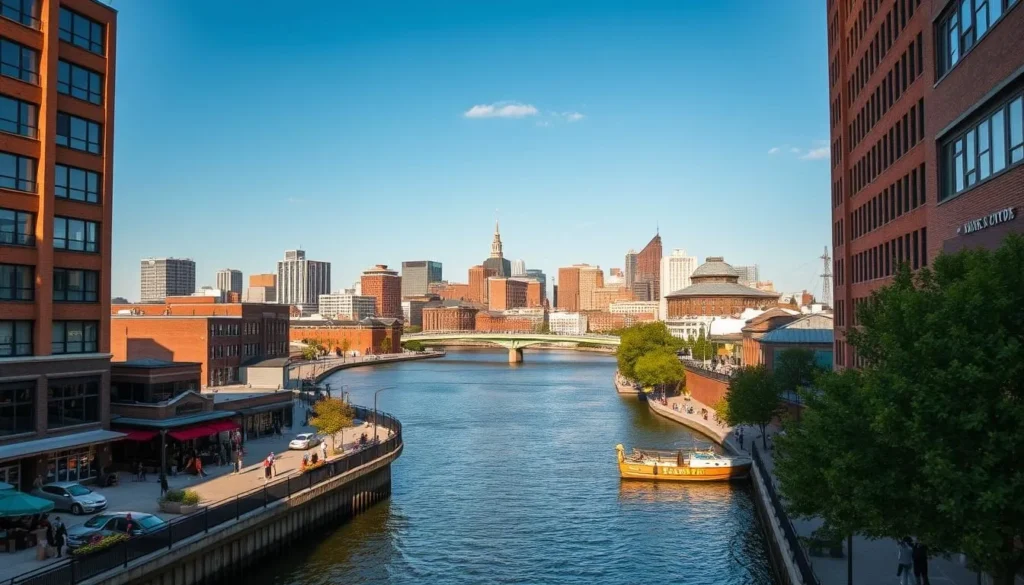 A picturesque cityscape of Eau Claire, Wisconsin on a pleasant sunny day. In the foreground, a bustling riverfront promenade lined with quaint shops, cafes, and restaurants. The middle ground features the iconic Chippewa River, its gentle waters reflecting the vibrant colors of the city. In the background, the skyline is dominated by a mix of modern high-rises and historic buildings, their architectural details casting intricate shadows under the warm, golden light. The overall scene conveys a sense of unique charm, blending the natural beauty of the river with the vibrant energy of the city. Capture this scene with a wide-angle lens to showcase the depth and scale of the cityscape.