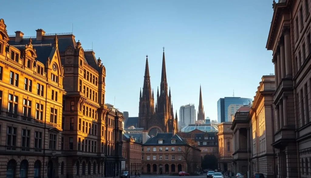 A picturesque cityscape of Glasgow's iconic architecture, showcasing the city's rich heritage. In the foreground, the stately Victorian buildings of George Square stand tall, their ornate facades bathed in warm, golden sunlight. In the middle ground, the majestic spires of the Glasgow Cathedral and the Necropolis rise up, casting intricate shadows across the scene. The background is filled with a mix of modern and historical structures, creating a harmonious blend of architectural styles. The image is captured with a wide-angle lens, allowing the viewer to take in the full grandeur of the city's skyline. The mood is one of tranquility and admiration, inviting the viewer to explore the depths of Glasgow's captivating heritage.